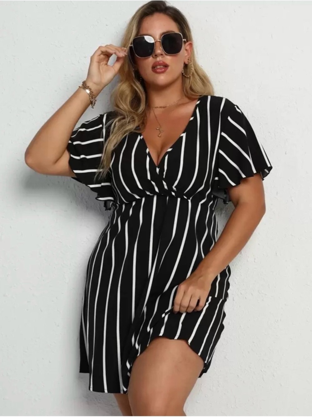 Calvaya Plus Striped Surplice Neck A-Line Dress, Summer